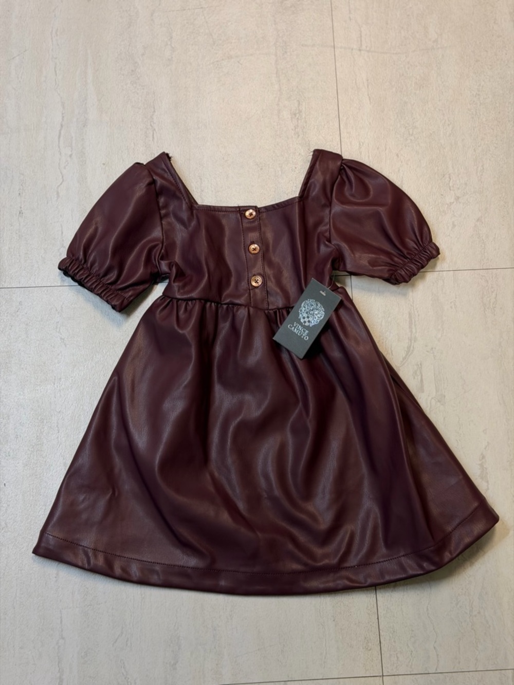Vince Camuto Girls' Faux Leather Puff Sleeve Dress - Burgundy